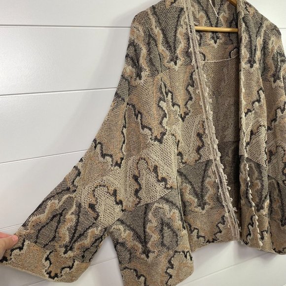 Free People Open Front Boho Cardigan Sweater Tan Black sz M - Picture 3 of 6